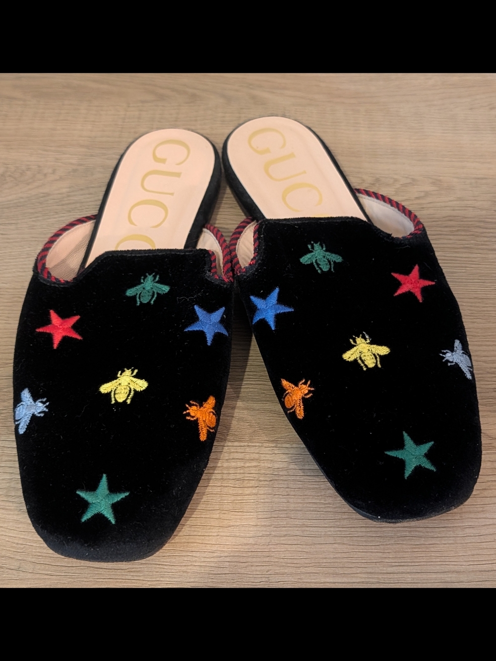 Gucci Black Velvet Slip-Ons with Multicolor Bee & Star Embroidery